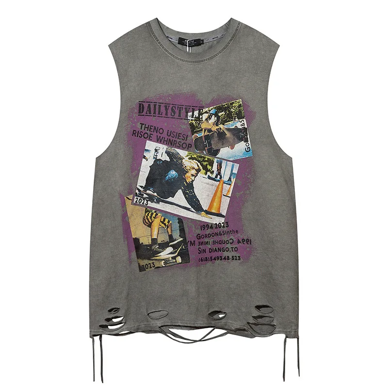 Harajuku Summer Graffiti Washed Tank Top Cotton Hip Hop Printed Sleeveless Wash Tshirt Vintage Y2k Distressed Ripped Vest Mens