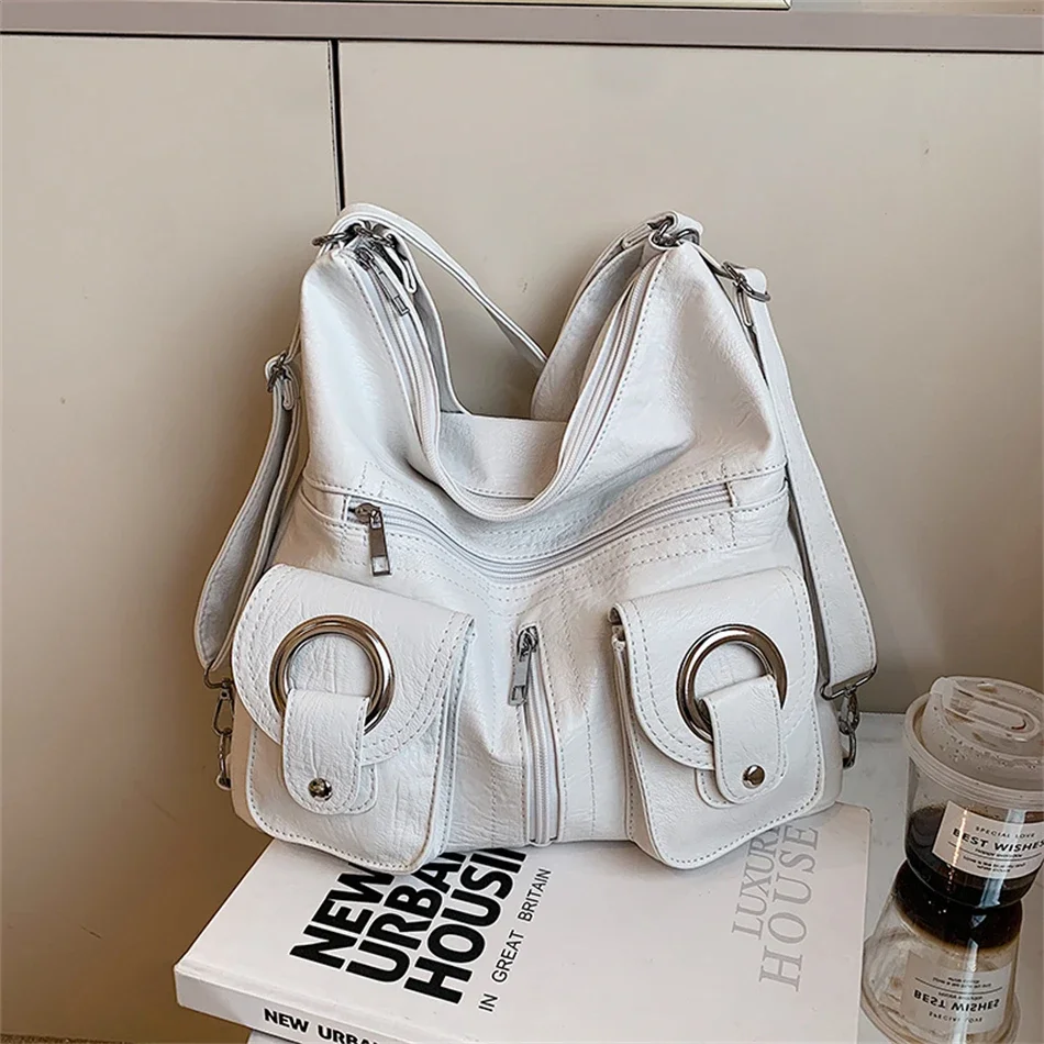 2023 Vintage Solid Color Korean Casual Shoulder Underarm Tote Bag Sling Bags Multiple Pockets Leather Purses Handbags Women Sac