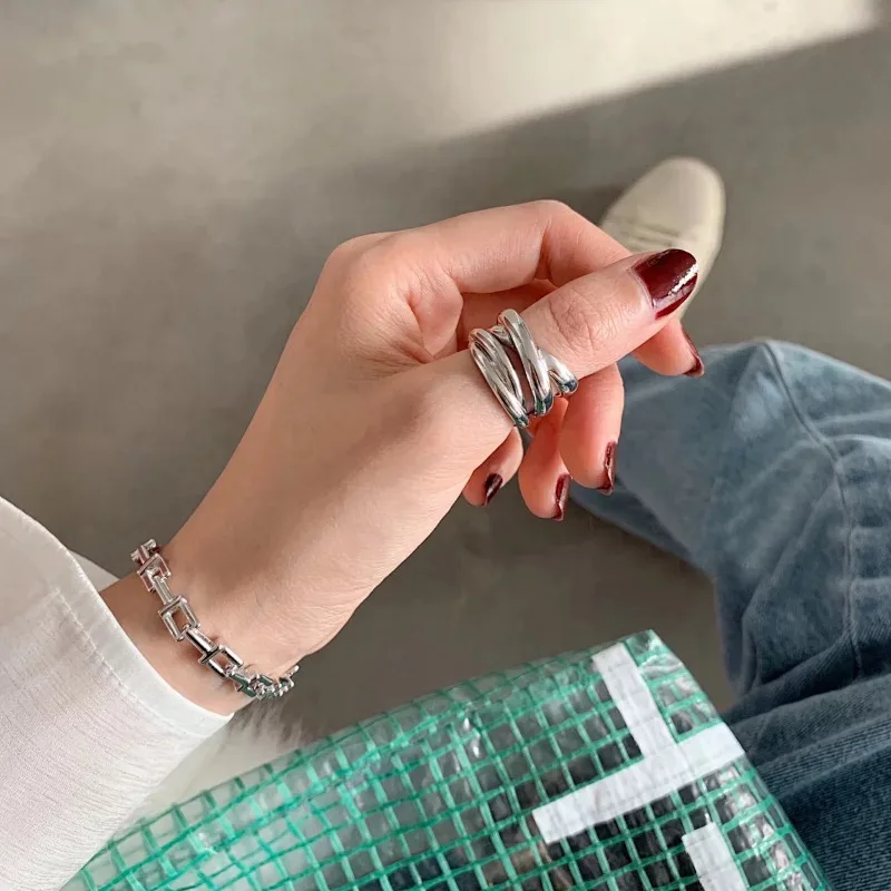 CHOZON S925 الصلبة الفضة الثقيلة التراص الدائري الحد الأدنى بالجملة مجوهرات قابل للتعديل للنساء