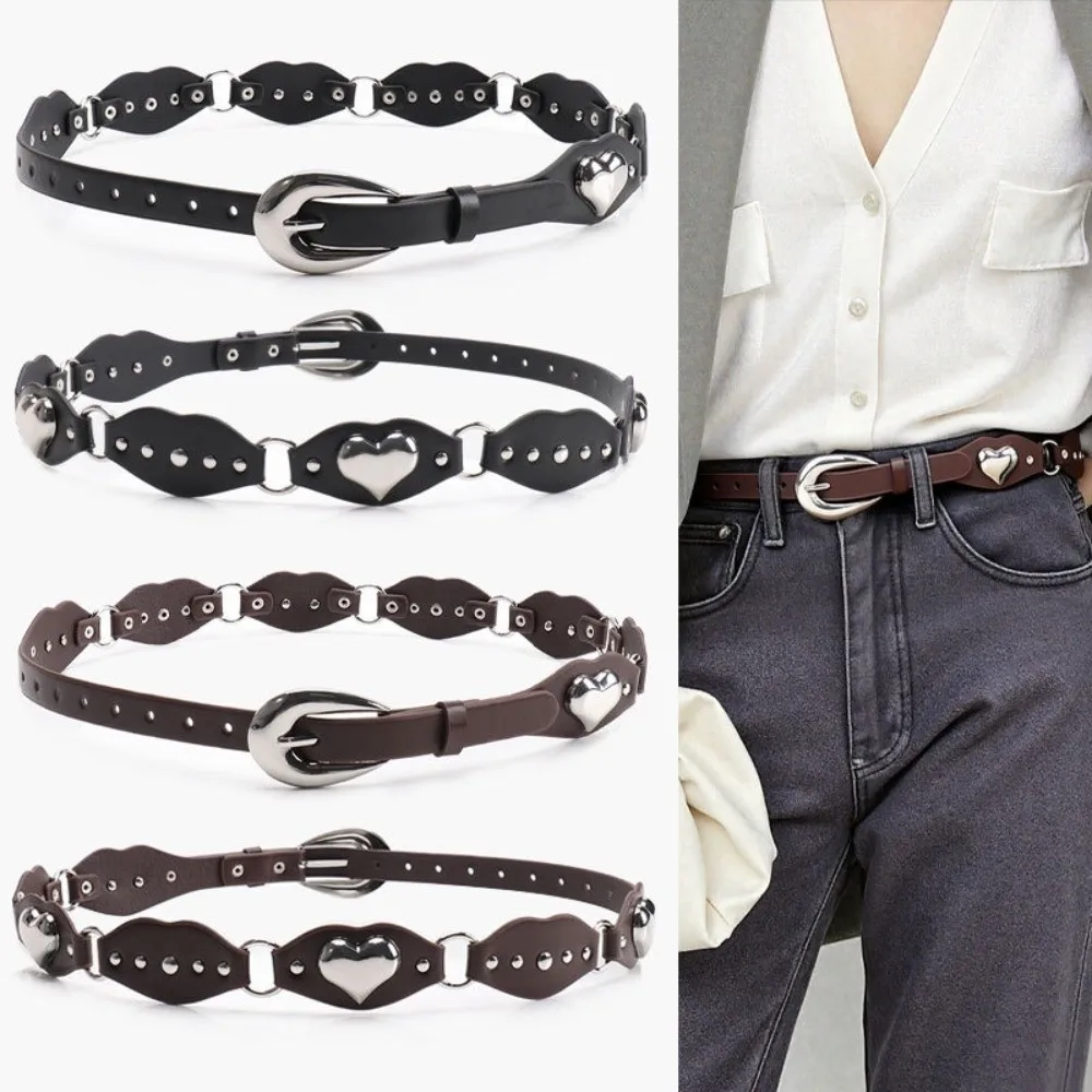 

Adjustable Heart Rivet Belt Personalized Design Jeans Decor Y2K Cool Girls Belt Punk Style Coffee Black Leather Waistbands Party