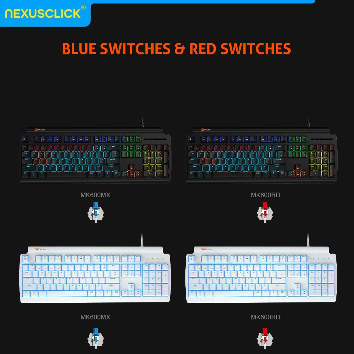 NexusClick RGB Mechanical Gaming Keyboard,104 Keys Wired,Blue/Red Switches,Anti-Ghosting,Multimedia Shortcuts for Gamer Officce