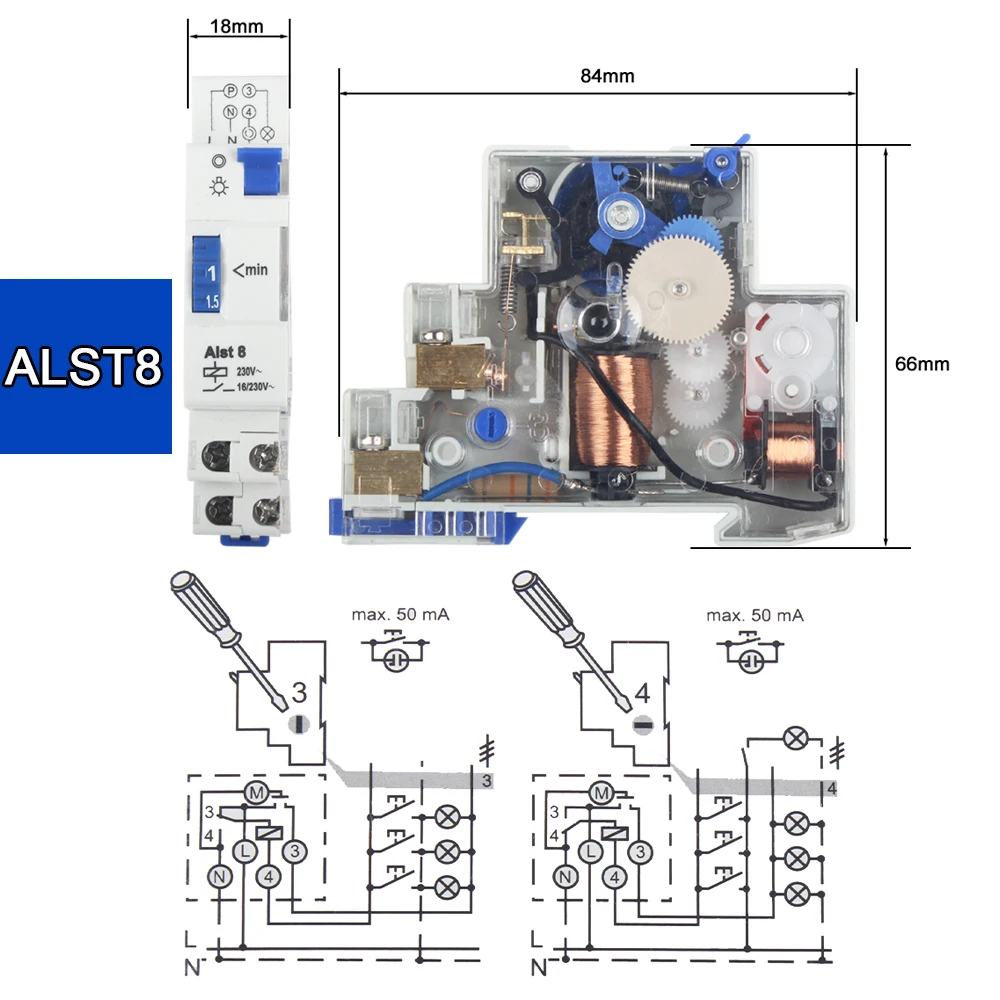 1pc DIN Rail Timer Switch for Staircase Lighting Controller ALST8 7Mins /ALC18 20 Minutes 220VAC Staircase Lighting Timer Switch