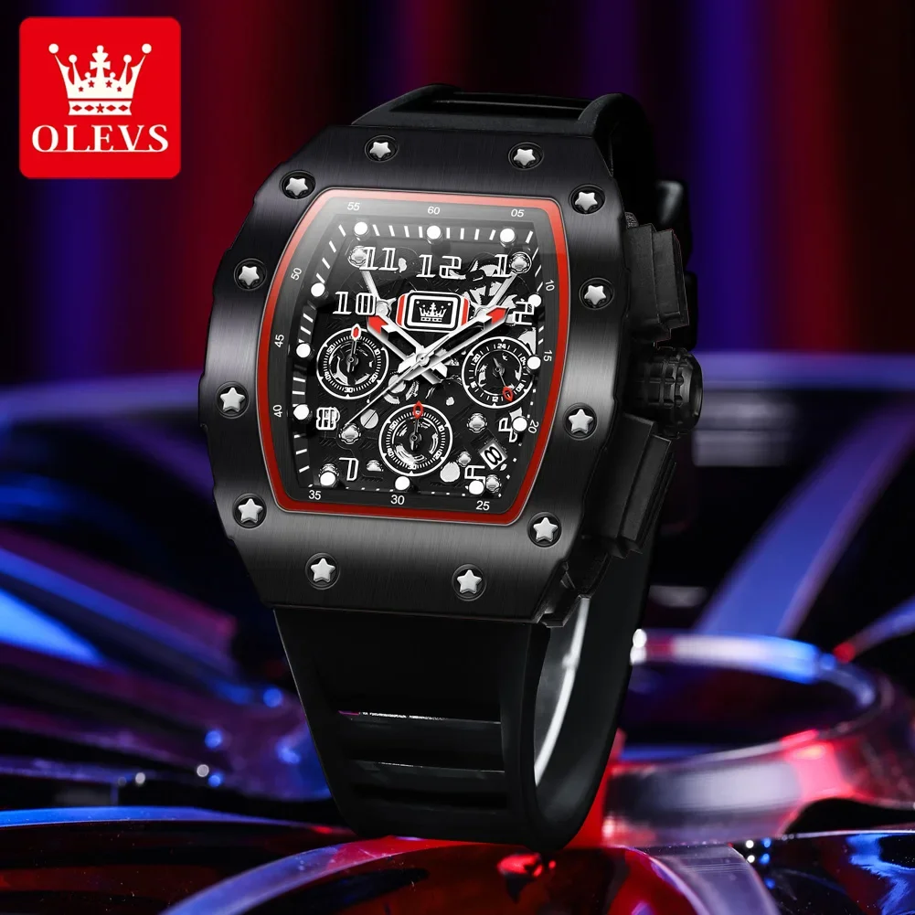 OLEVS3608 Quartz Watch for Man Richard Multifunctional Design Mens Watches Luminous Silicone Band Waterproof Wristwatch Gift Set