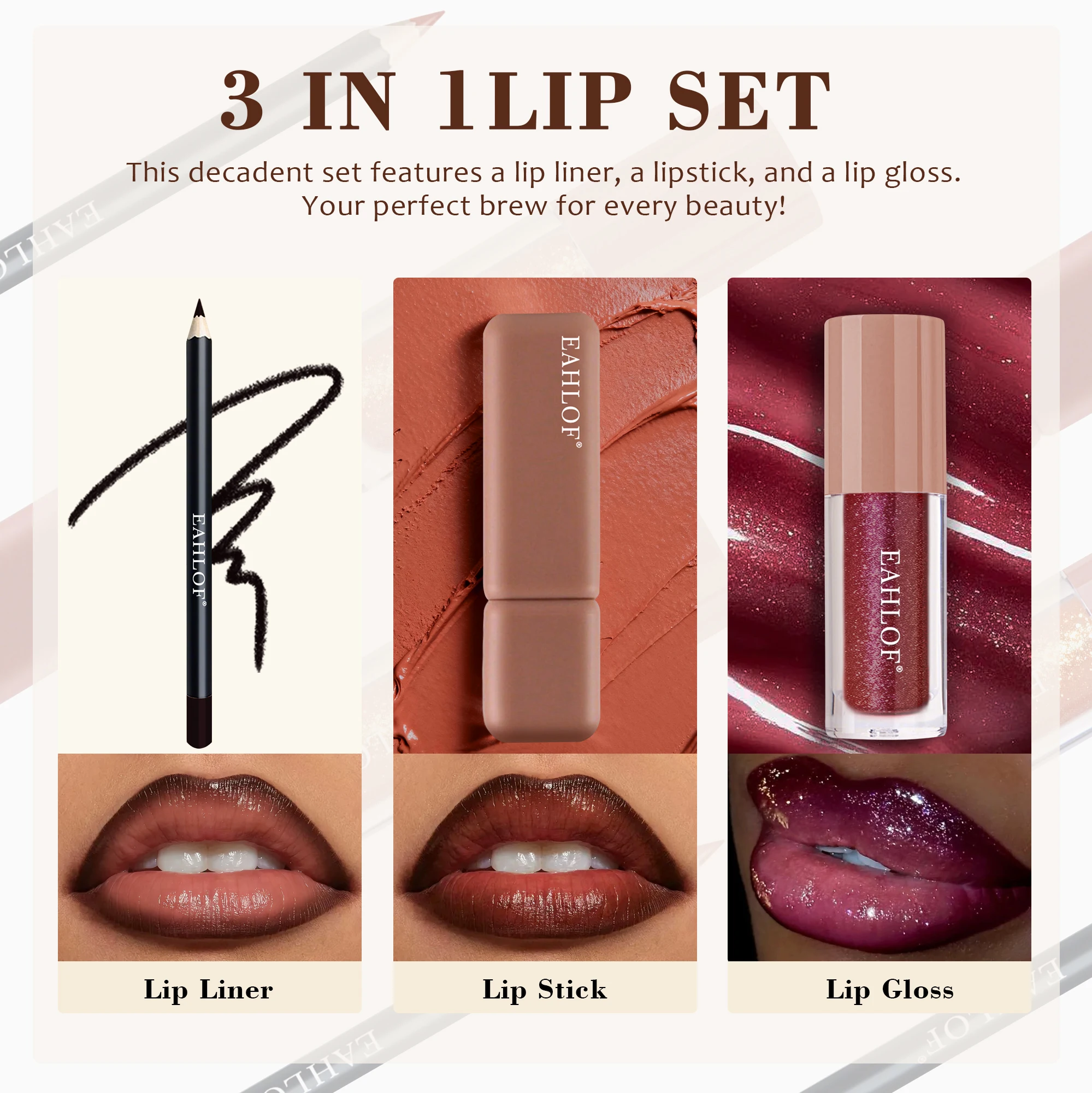 Glam- Coffee Lip Kits, Horchata Lip Gloss，Long-Lasting, Smooth, Matte & Shimmer Lip Tint, Valentine's Day Gift (3pcs)