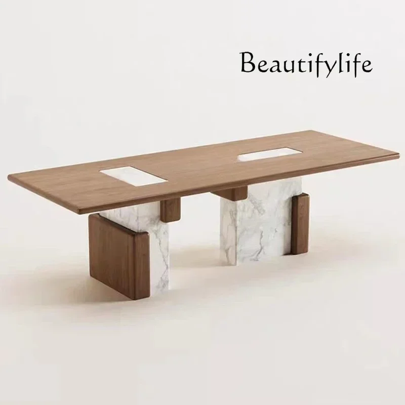 N36 Retro style marble rectangular dining table high-grade rock slab dining table household solid wood table