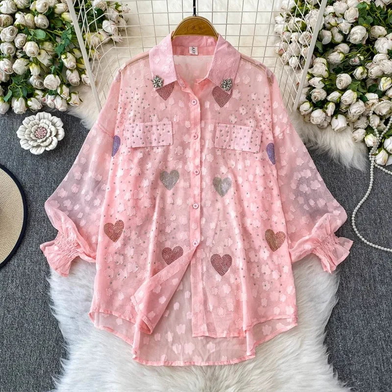 Einzigartiges Design, ohrförmiger Strass-Umlegekragen, Laternenärmel, Sonnenschutzhemd für Damen, Sommer, locker, mittellang