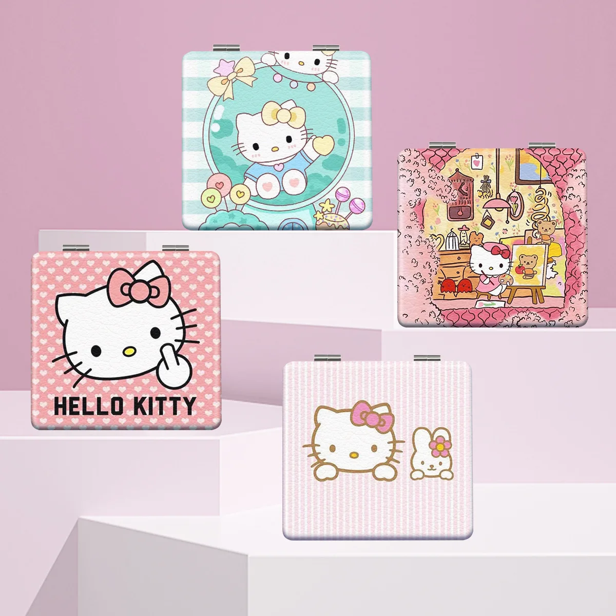 

Anime Hello Kitty Sanrio Mirror Portable Folding Mirror Kawaii Cartoon Double-Sided Pattern Girls Makeup Mirrors Girls Gifts