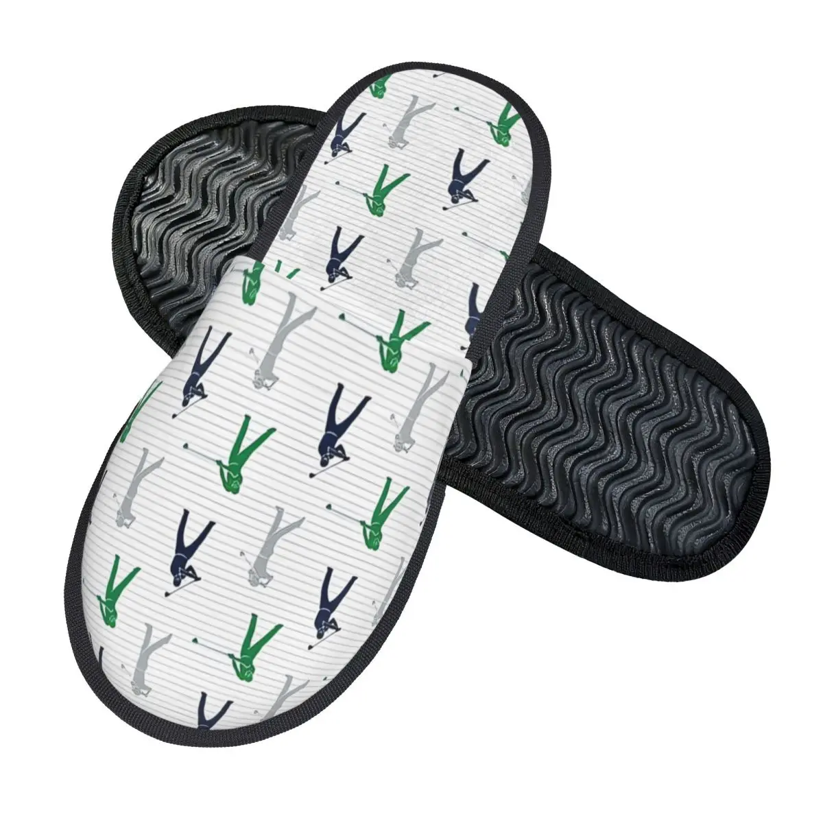 Golfers Navy Green Grey Stripes House Slippers Women Comfy Memory Foam Golf Slip On Hotel Slipper Shoes view 2