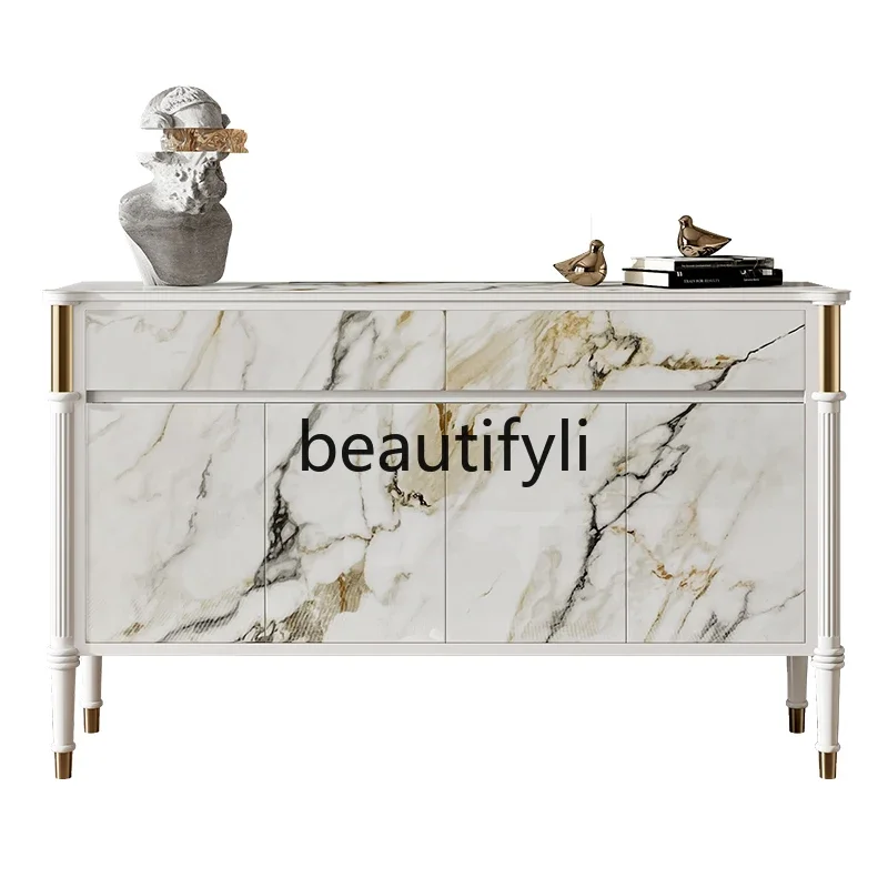 

Light luxury rock slab dining side cabinet Solid wood simple French entrance cabinet Modern guest restaurant White storage4593