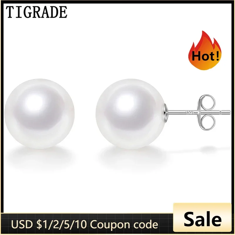 Tigrade Real 925 Sterling Silver 8/10/12mm Natural Freshwater Cultured Pearl Stud Earrings For Women Simple Pearls Jewelry Gifts