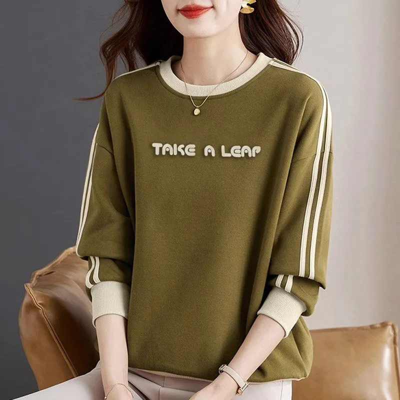 New Spring and Autumn Fashion Splice Letter Embroidery Foreigner Versatile Loose Round Neck Casual Women\'s Long Sleeve Sweater