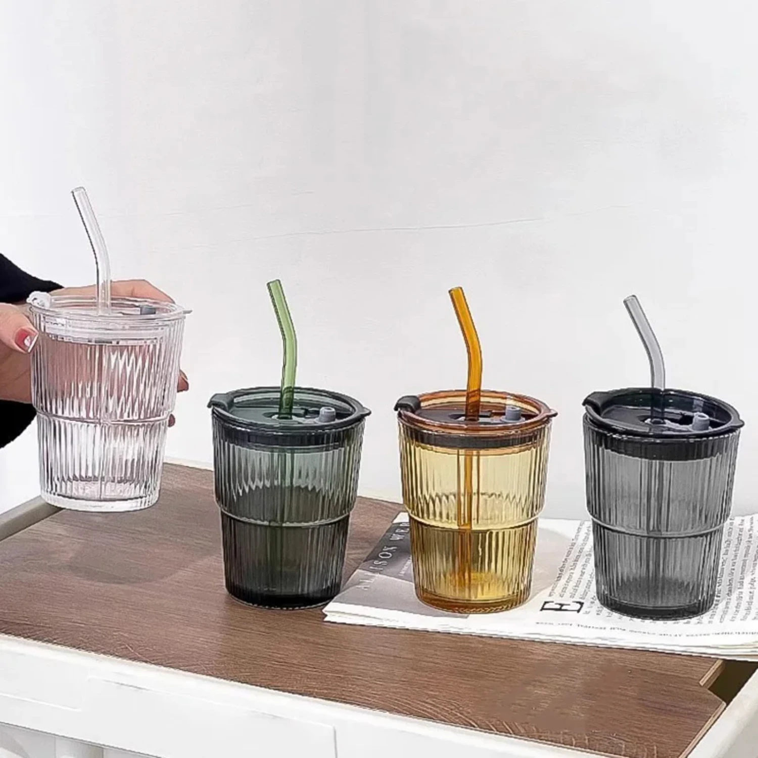 400ml Coffee Glass Cup Mug Water Cup Drinkware Stripe With straw Lid Milk Tea Cup Ice Coffee Tea Cup Juice Glass Milk Water Cup