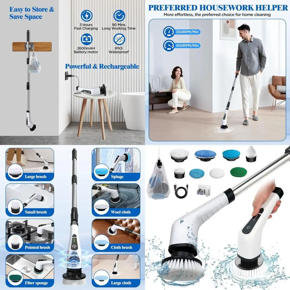 

Беспроводная щетка для ванной и душа с 8 съемными насадками для чистки плитки, пола и автомобиля