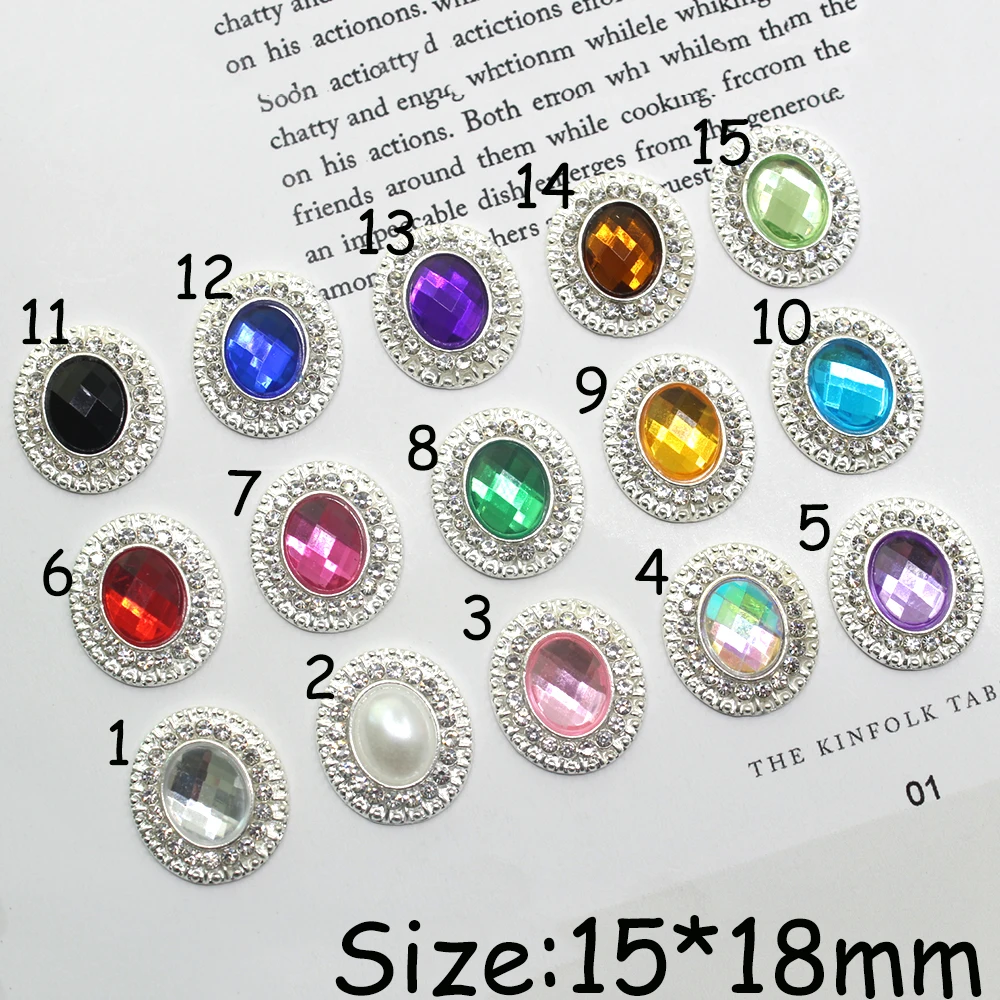 New 100Pcs/Lot 15*18MM Silver Oval Rhinestone Flatback Buttons Acrylic Garment Embellishment DIY Needlework Sewing Accessories