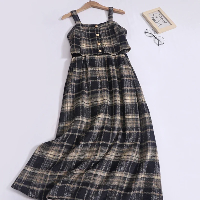 Hikigawa Vintage French Women Woolen Straps Dresses Spring Casual All Match Plaid Elegant Slim Waist Maxi Vestidos Mujer