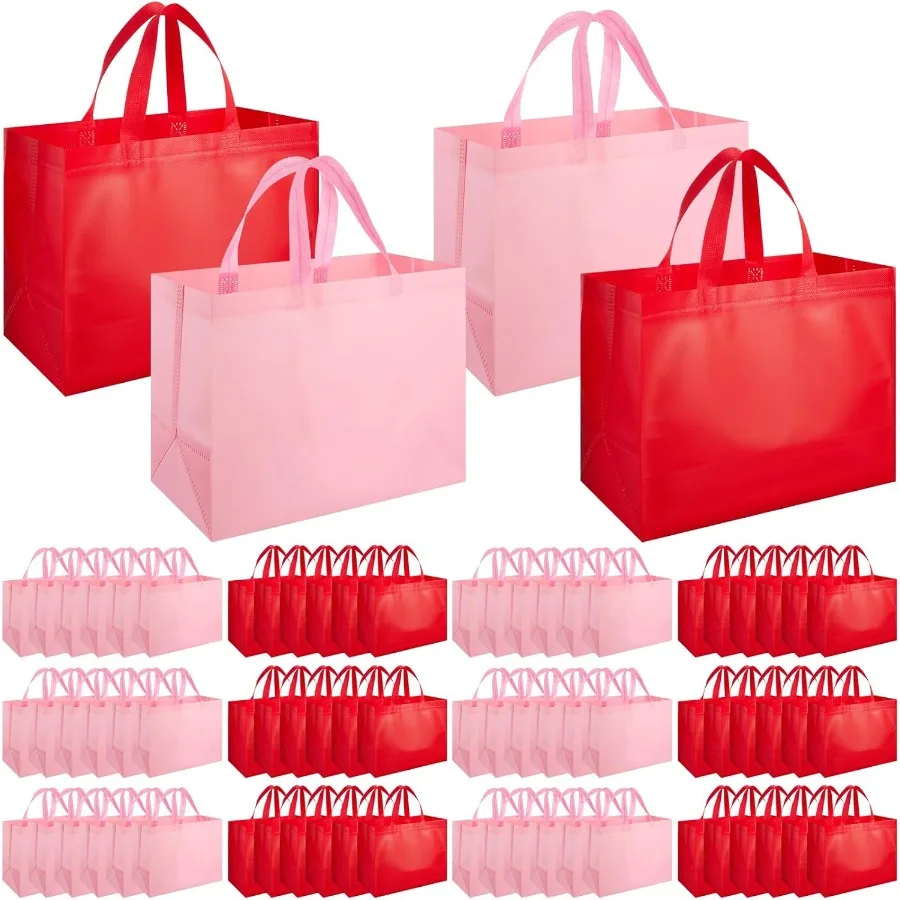 

120 Pcs Lar Valentine's Day Gift ags ulk Reusale Pink Red Non Woven Tote ags wit andle for Sopping Grocery outiq Retail Party F