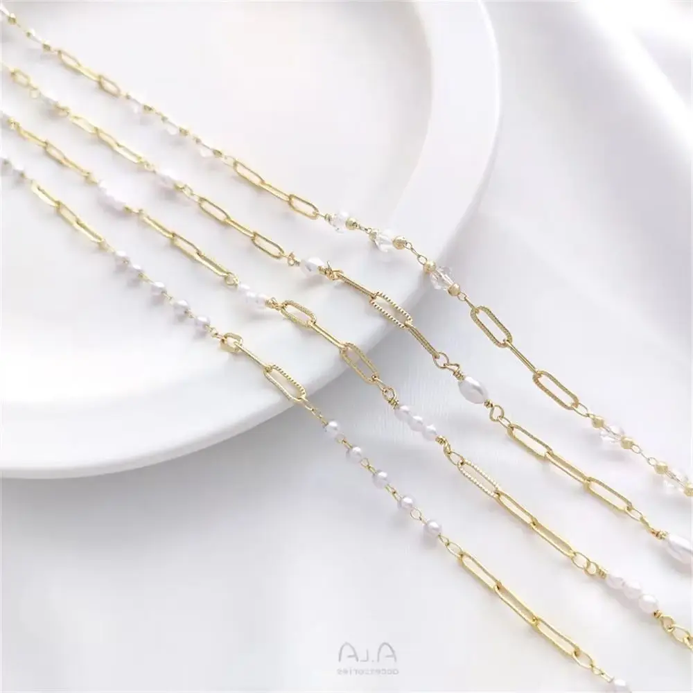 

14K Gold Wrap Pattern Long O-Chain Pearl Crystal Chain DIY Bracelet Headpiece Handmade Loose Chain