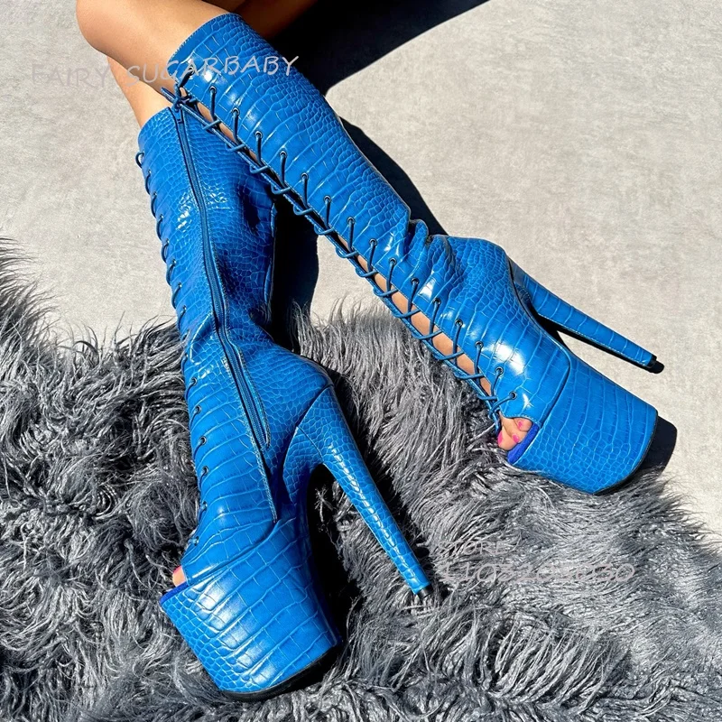 

Sky Dark Blue Stone Pattern Lace-Up Boots Women Open Stiletto Sexy Summer 20Cm Platform Pole Dance Zipper Shoe Custom Large Size