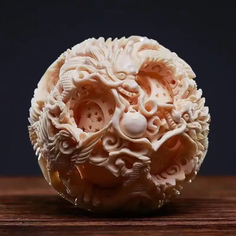 Imitation Ivory Dragon Phoenix Carved Ball 3-Layer Rotatable Ornament Fine Engraving Traditional Art Craft Exquisite Collectible