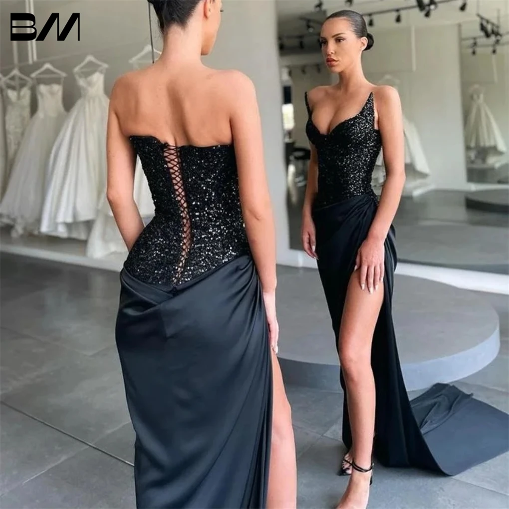 

Lace-up Back Mermaid Evening Gown Sequined Satin Sexy Strapless Women Party Prom Dresses Custom Made Luxury Formal Dress Wear