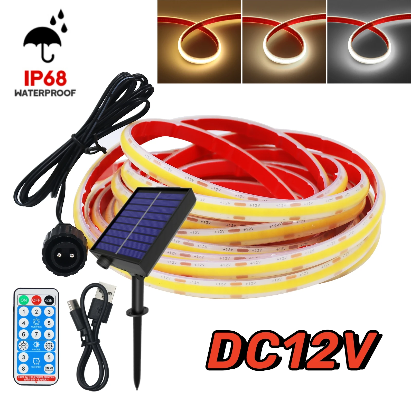 12V 24V Dimmable Solar COB Strip Outdoor IP68 Waterproof 320LEDs/M RA90 High Density Flexible Ribbon Tape Lamp 3000K 4000K 6000K