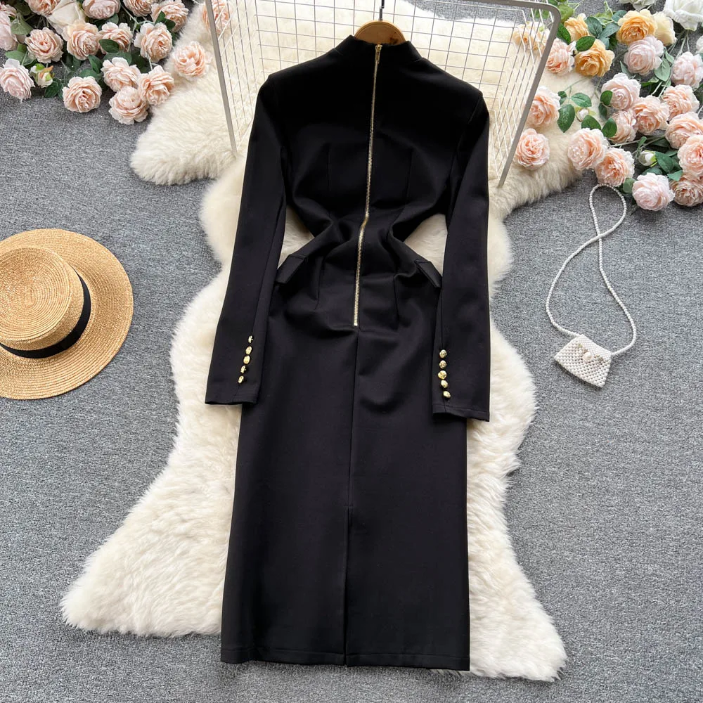 Chic Autumn Winter Hepburn Black Long Sleeved Dress Metal Double Breasted Suit Collar Dress Mid Length Hip Hugging Dress