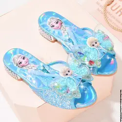 Disney Kids Princess Shoes Frozen Elsa Bowknot Low Heel Indoor Slippers Casual Baby Girls Party Wedding Leather Shoes Size 25-36