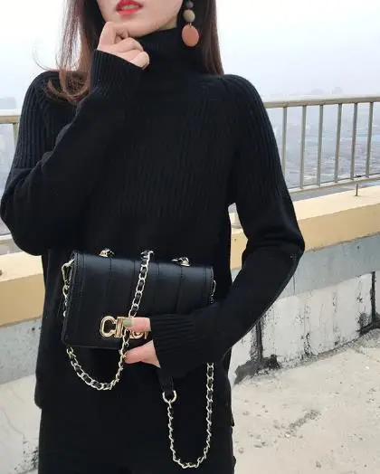 

Casual Solid Color High Neck Pit Stripe Decoration Slim Knit Sweater for Winter Women's Fashionable Casual Loose Knit Sweater
