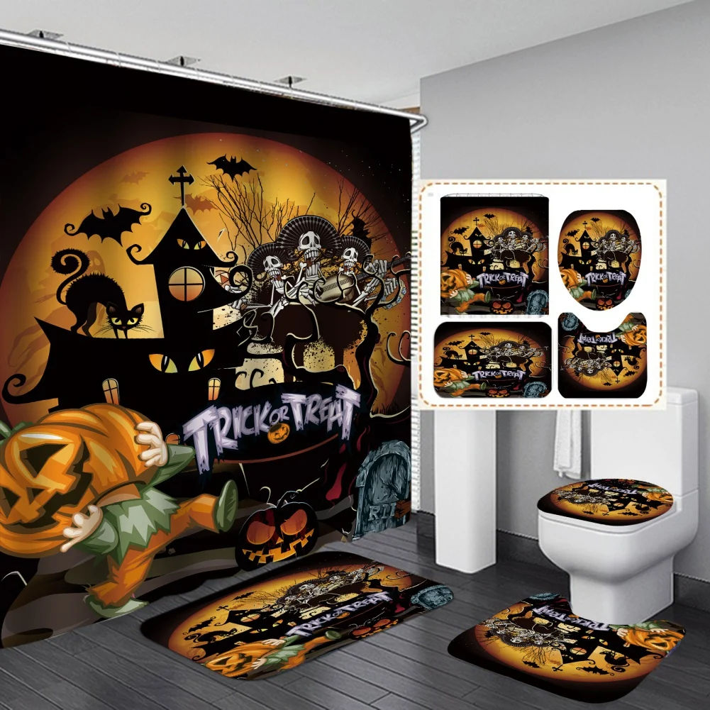 Halloween Shower Curtain Set 4PCS with Toilet Lid Cover Bath Area Mat Toilet Lid Cover Haunted House Horror Bathroom Decor