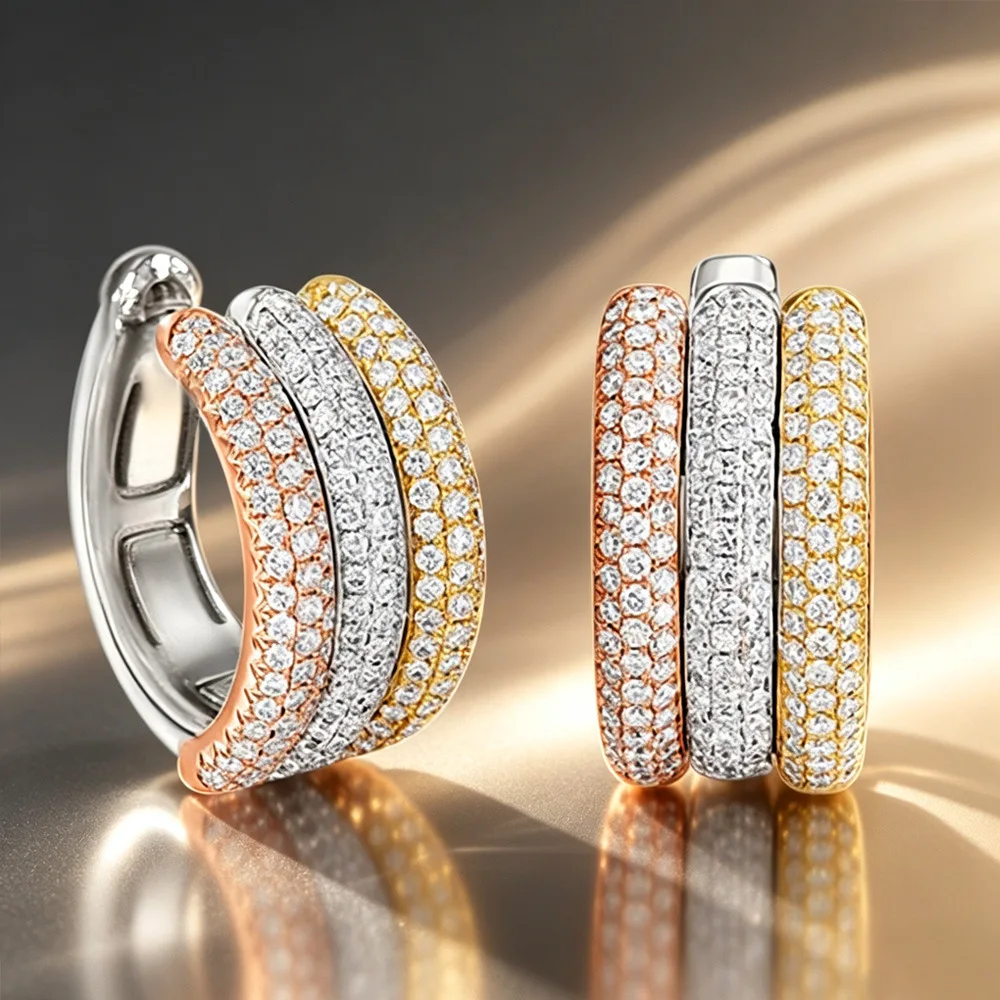 2026 New Cao Shi Cross Border Design Sense Line Ear Buckle Tri Color Zircon Multi Layer Fashionable Simple Versatile Accessory