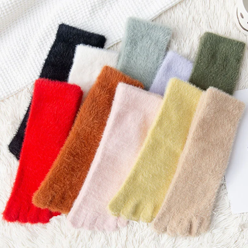 3 Pairs Women Girls Winter Toe Socks Short Warm Five Finger Toed Sox Thick Soft Cozy Plush Solid Color Split Toe Bed Sleep Socks