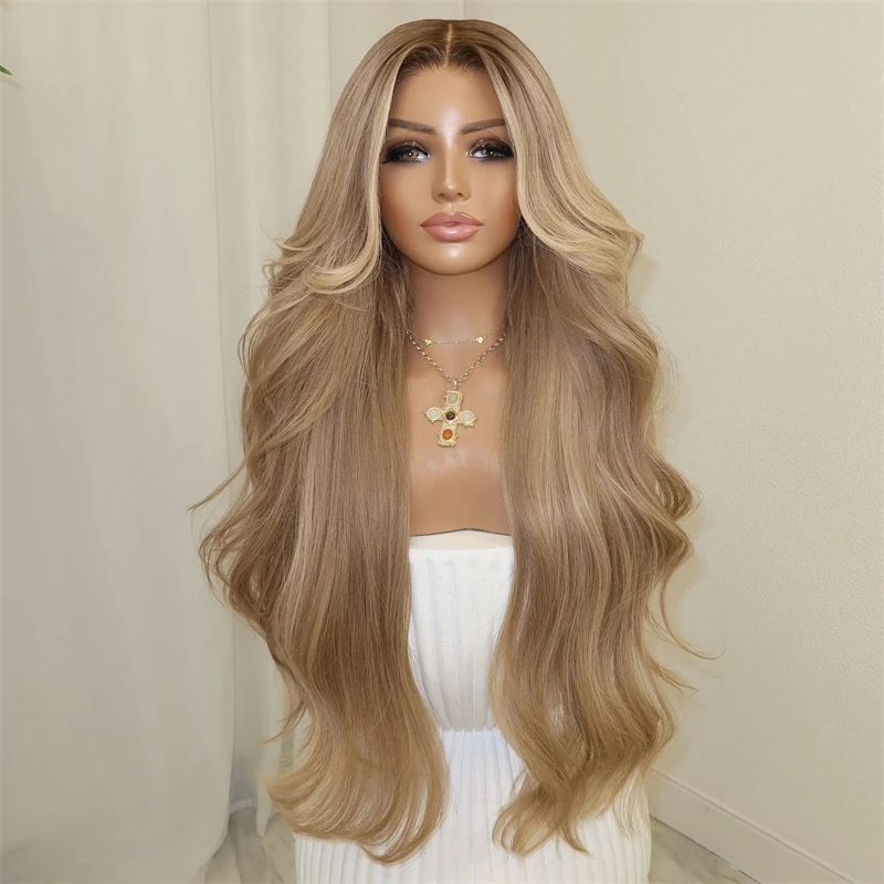 

Синтетический парик с HD-кружевной основой, светло-русый с карамельными и коричневыми прядями, термостойкий, с эффектом волнистых волос, длинный, без клея, 30 дюймов