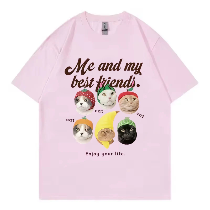 Funny Cats With Fruit Hats T Shirt Me and My Best Friends Print Unisex Crew Neck Short Sleeve Casual Summer Tee