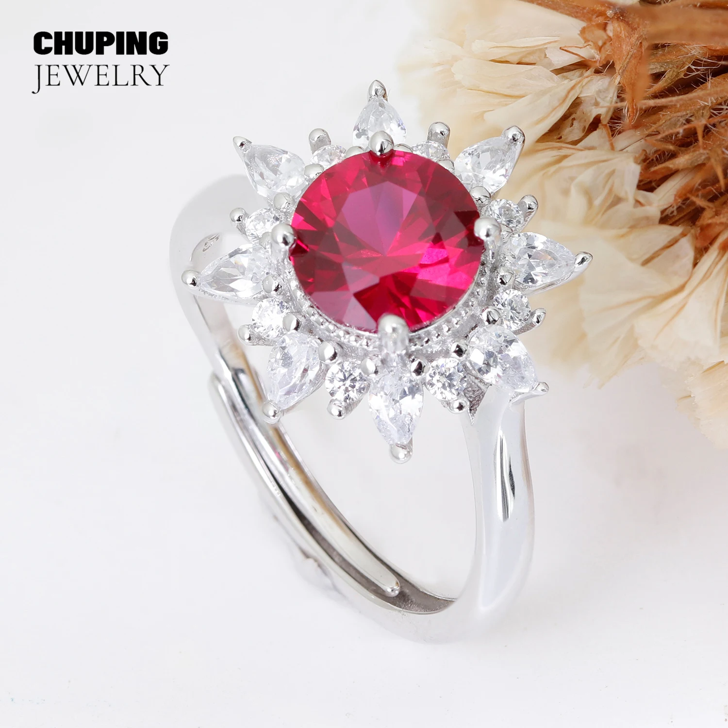 

ChuPing Fine Jewelry Lab Grown Ruby Sunflower Round Cut Ring 925 Silver For Valentine's Day Gift Wedding Engagement Dressup
