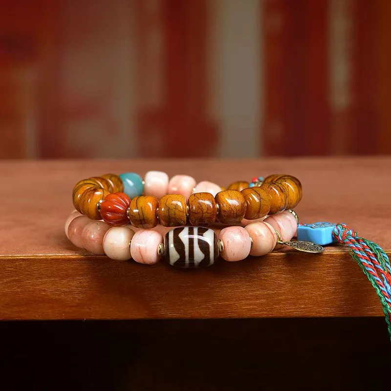Backflow Bone Mixed Tower Two-Ring Bracelet Tibetan Collectables-Autograph Rosary Tiger Tooth Beads Turquoise