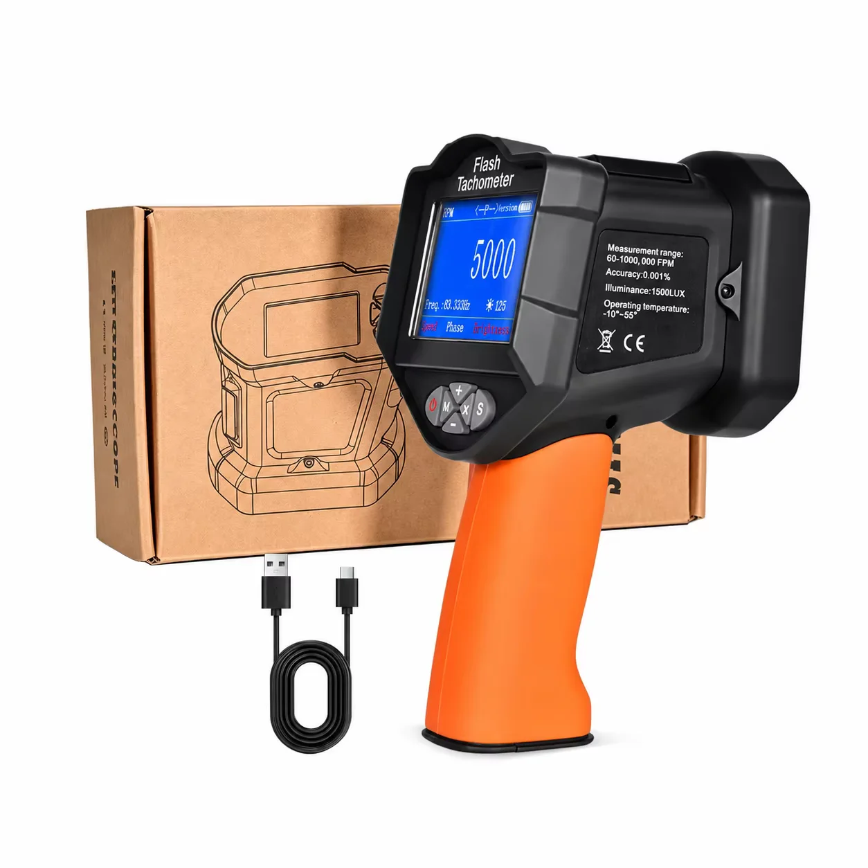 

LED Stroboscope Tachometer RPM Meter 60 1000000 RPM 0.001 Accuracy 5 Memories Phase Adjust for Motor HVAC Printing