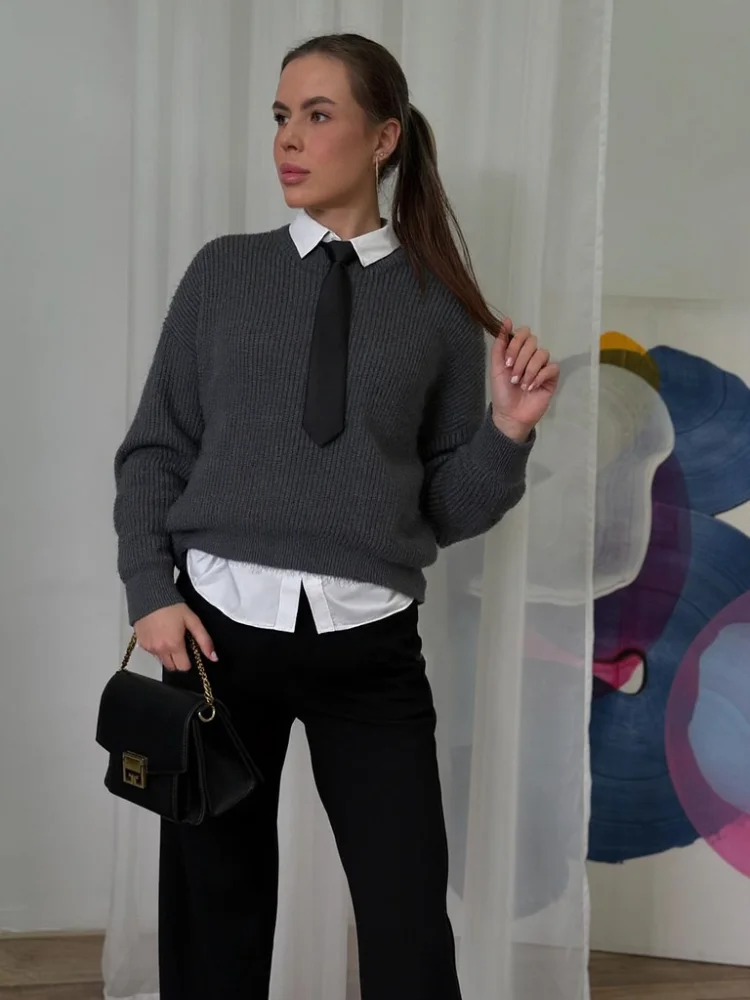 

Повседневный вязаный женский пуловер, модный однотонный полосатый женский трикотаж с длинным рукавом и круглым вырезом, весна 2024, женский свитер, осень, повседневный