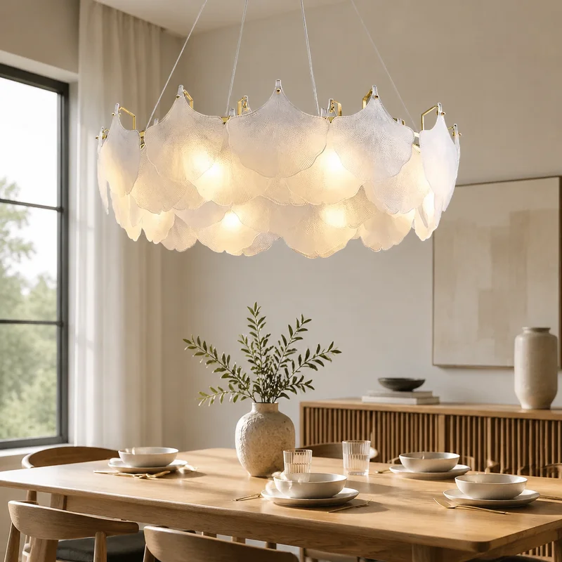 Modern Frosted Glass Ginkgo Leaf Design Nordic Style Luxury Dining Room Interior Decor Hanging Decorative Round Pendant Lamp
