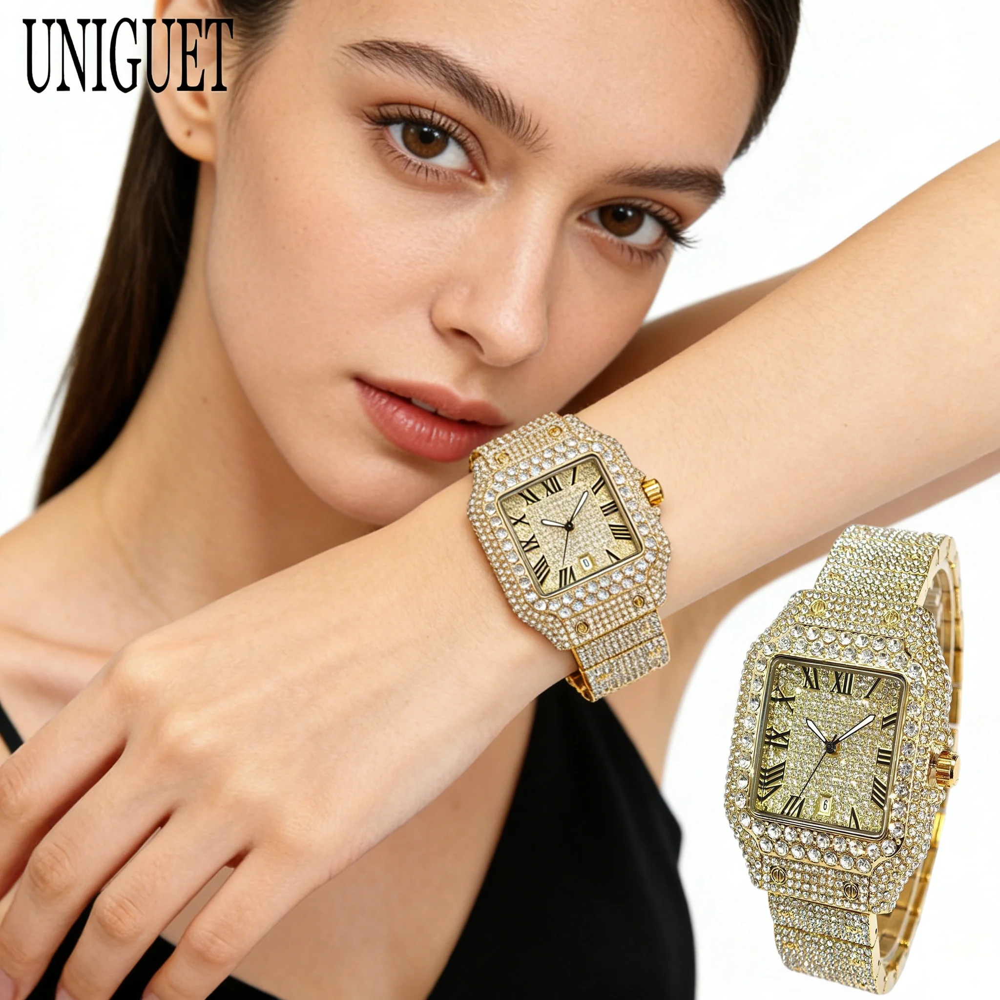 UNIGUET Square Diamond Wristwatch Womens Luxury Gold Fashion Bling Quartz Watch Ladies Gift Hot Sale