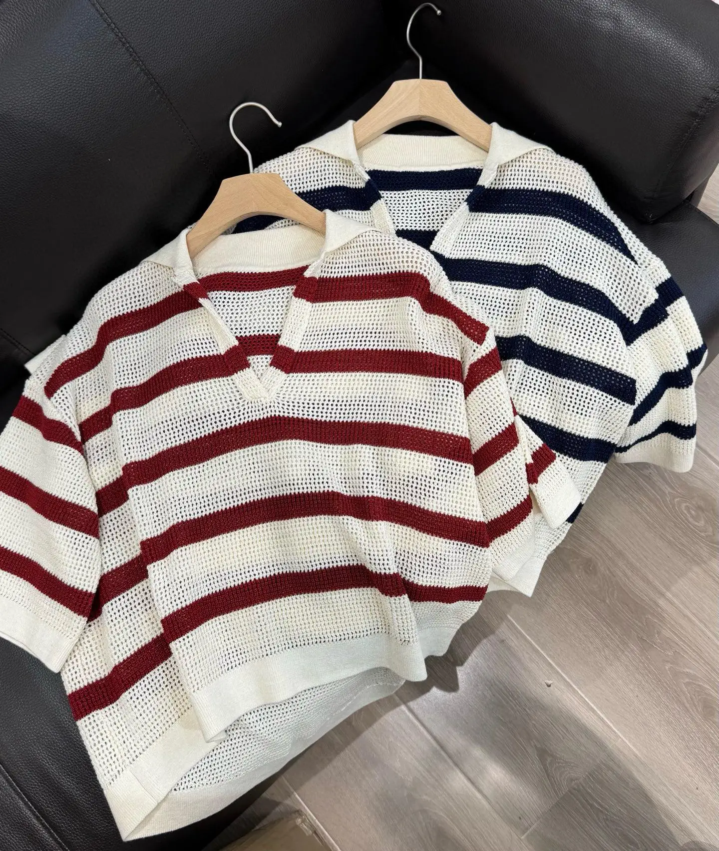 

Women's loose style casual new linen knitted women's T-shirt breathable striped mid sleeve top
