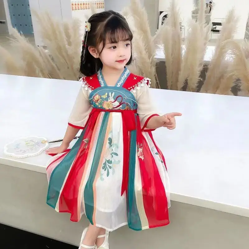 

Hanfu Girls Summer Chinese Style Dress Children's Baby Tang Suit Sping Long-sleeved Princess Dress For Girl 3 5 7Y