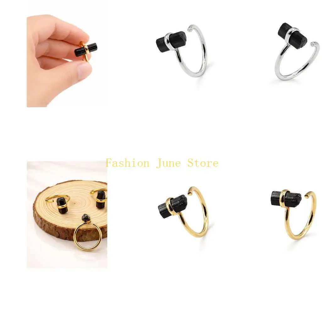 N5KA Fashion Ring with Black Stone Centerpiece and Open Adjustable Band