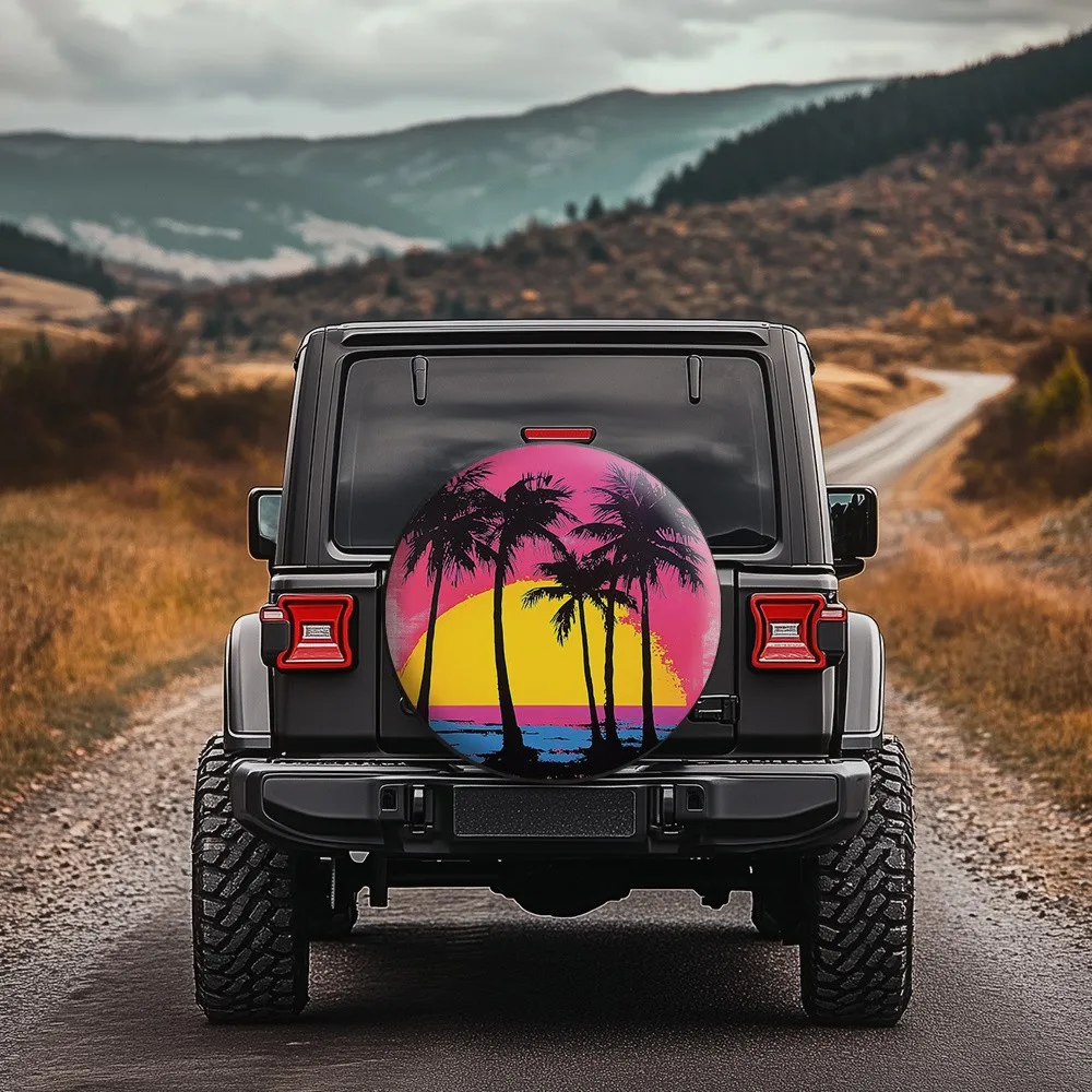 

Retro Tropical Sunset Palm Tree Spare Tire Cover for SUV Truck Outdoor Accessory