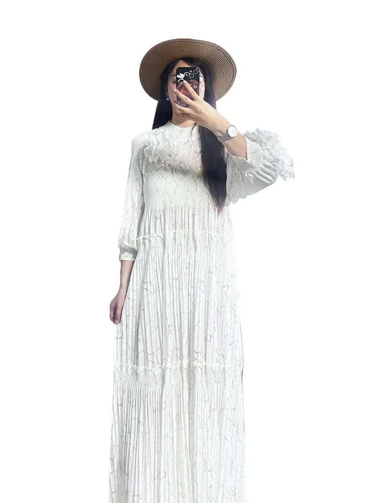 

Miyake Style Pleated Dress for Women 2025 New Gold Stamping Spliced Flower Ordering O-neck Lantern Sleeve Loose Pleated Skirt