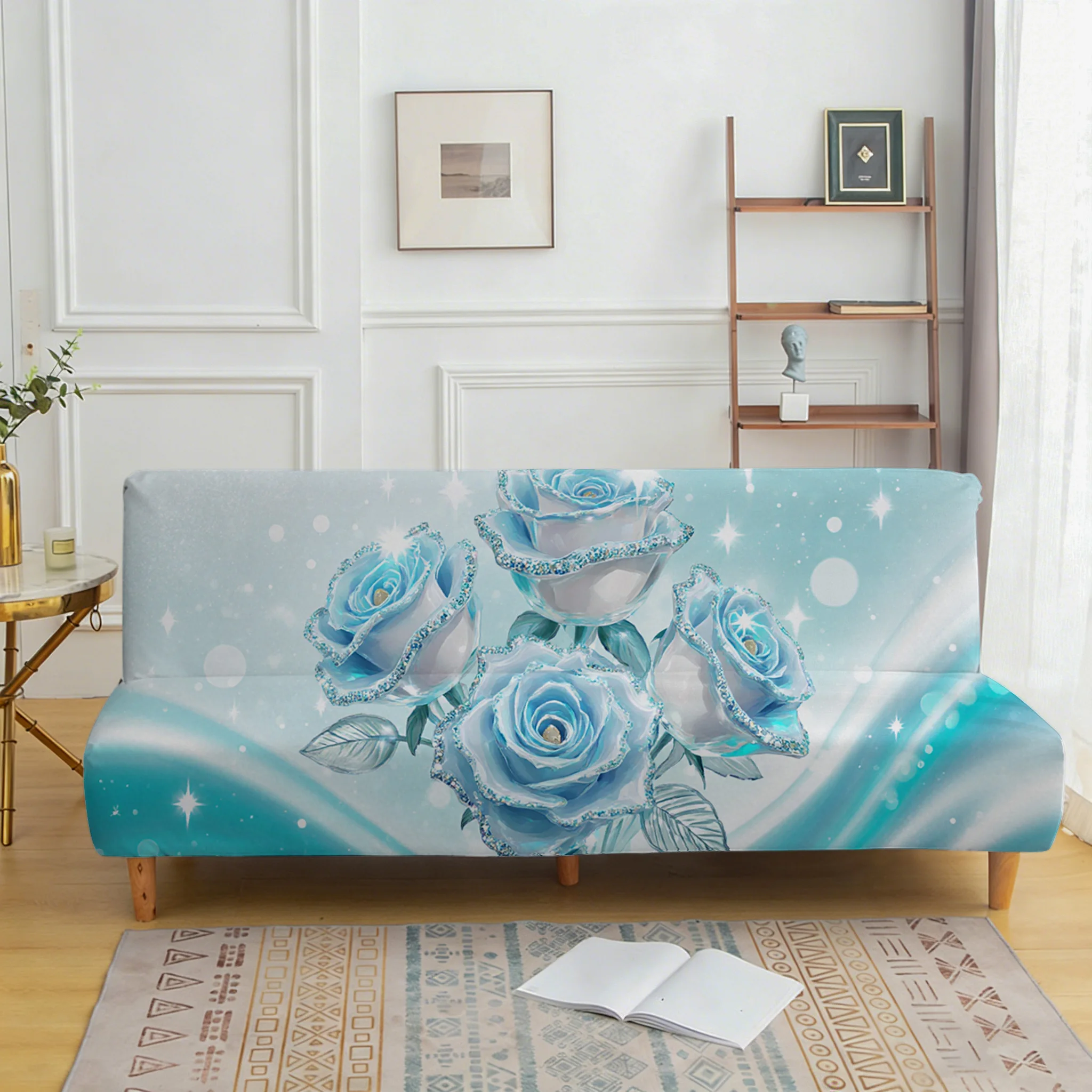 Blue crystal rose print sofa bed cover, living room sofa bed cover, dustproof machine washable sofa bed cover