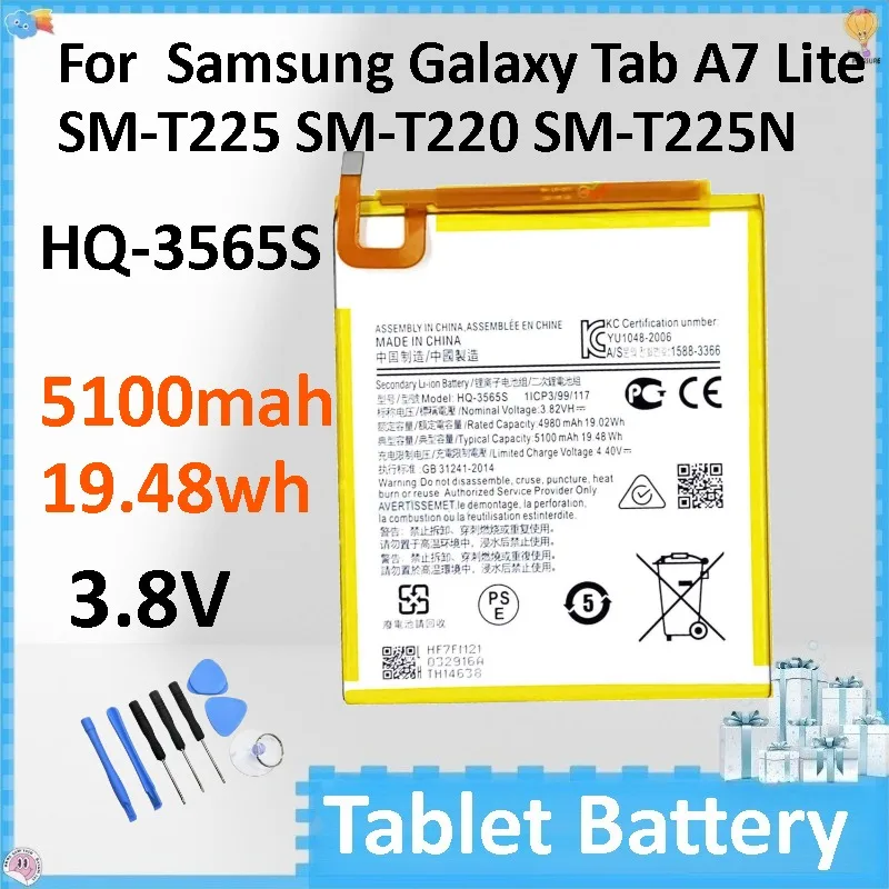 

New HQ-3565S 5100mah 3.8v 19.48wh Tablet Battery for Samsung Galaxy Tab A7 Lite SM-T225 SM-T220 SM-T225N