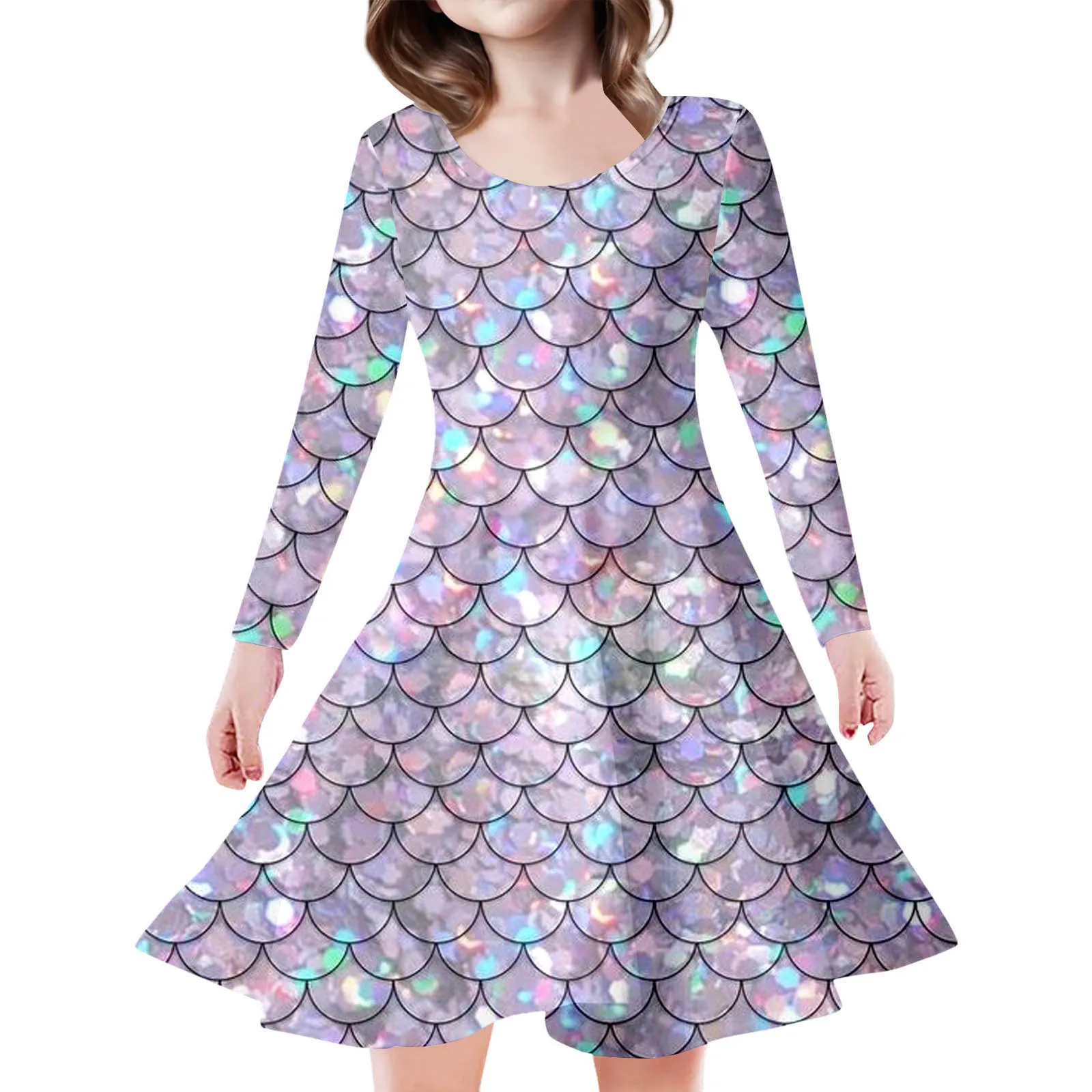 فستان بناتي للأطفال مطبوع عليه مقياس السمك بأكمام طويلة على شكل حرف A فساتين حورية البحر للأميرة المتأرجحة للحفلات التنكرية وحفلات الشاطئ غير الرسمية #4