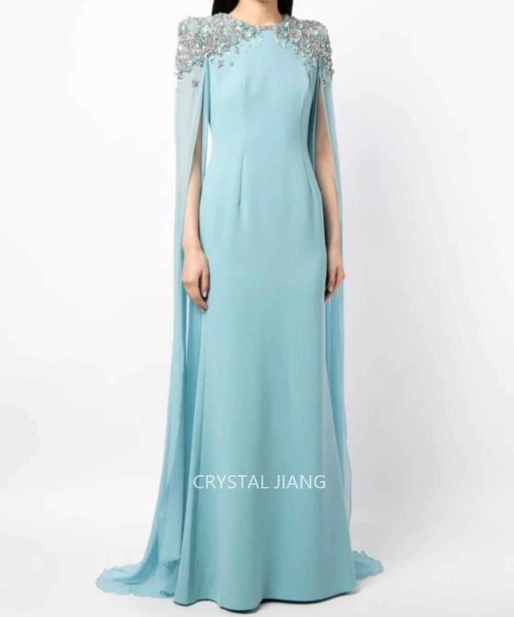 Vintage Long O Neck Crepe Crystal Evening Dresses with Cape Straight Floor Length فساتين للحفلات الراقصةParty Gowns