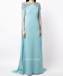 Vintage Long O Neck Crepe Crystal Evening Dresses with Cape Straight Floor Length فساتين للحفلات الراقصةParty Gowns