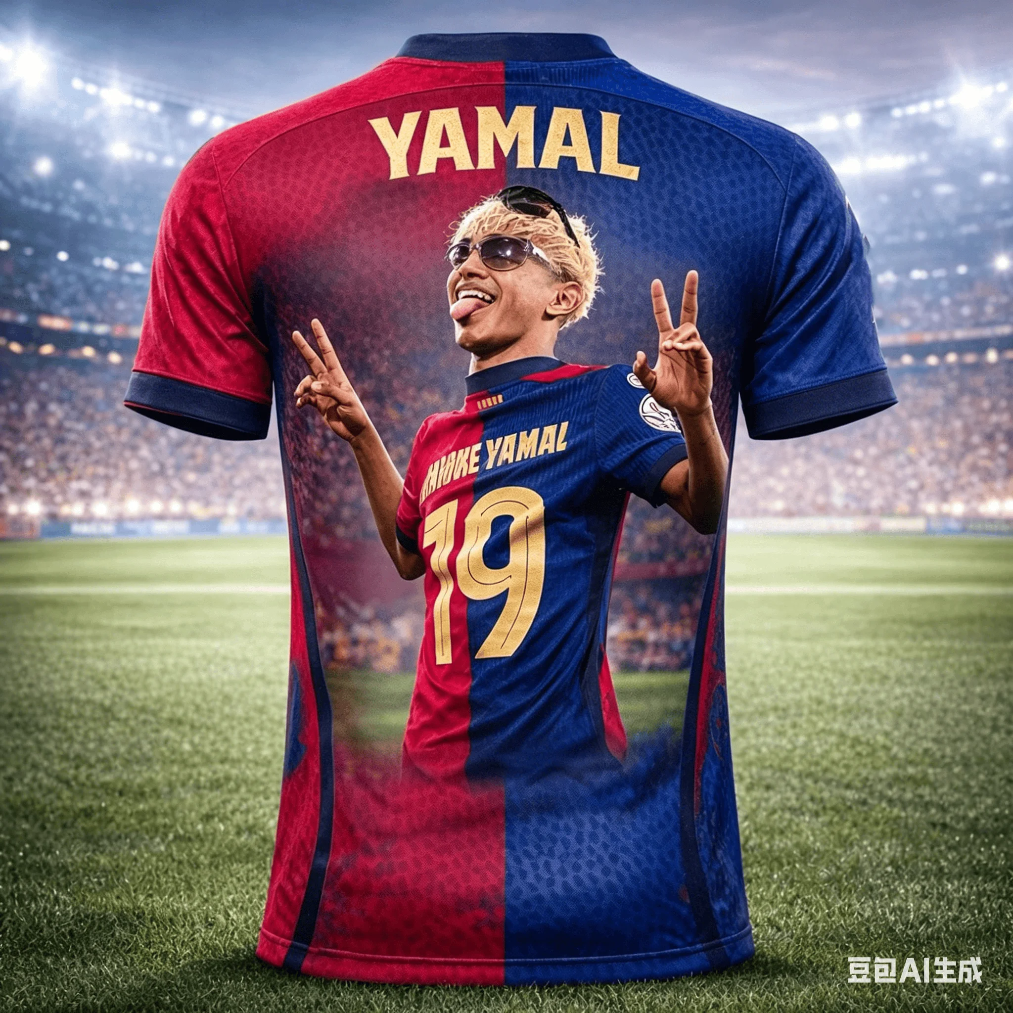 LAMINE YAMAL # 10BARCELONA FUSSBALL-T-SHIRT FÜR MÄNNER UND FRAUEN, ROT-BLAUES FARBSCHWENDEMUSTER, KURZÄRMELIG, LÄSSIGER STIL FÜR FUSSBALLFANS – Detail 7